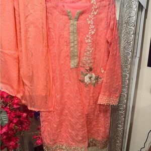 Pakistani Indian Desi Outfit Embroidered Coral Pink three piece Pakistani dress